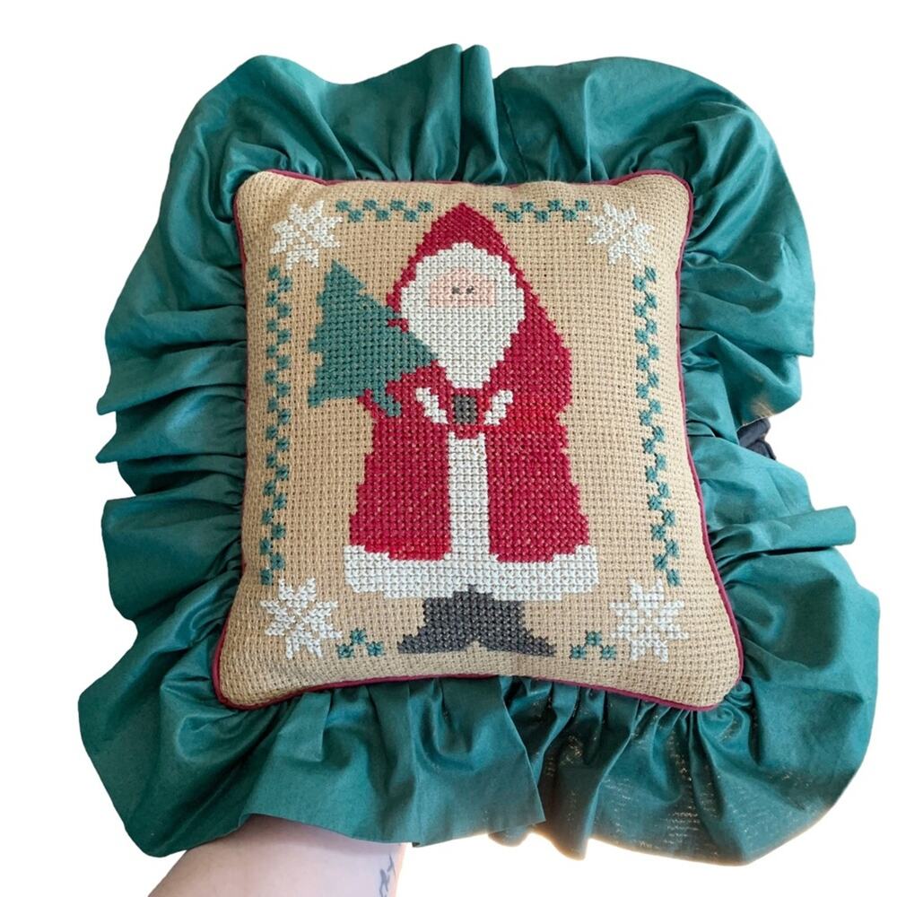 Vintage Handmade Santa Cross-stitch Pillow Holiday Father Christmas Kris Kringle